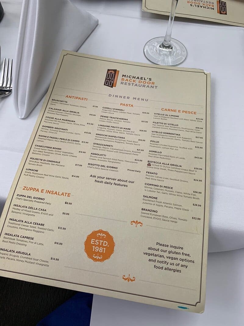 Michael's back door restaurant menu